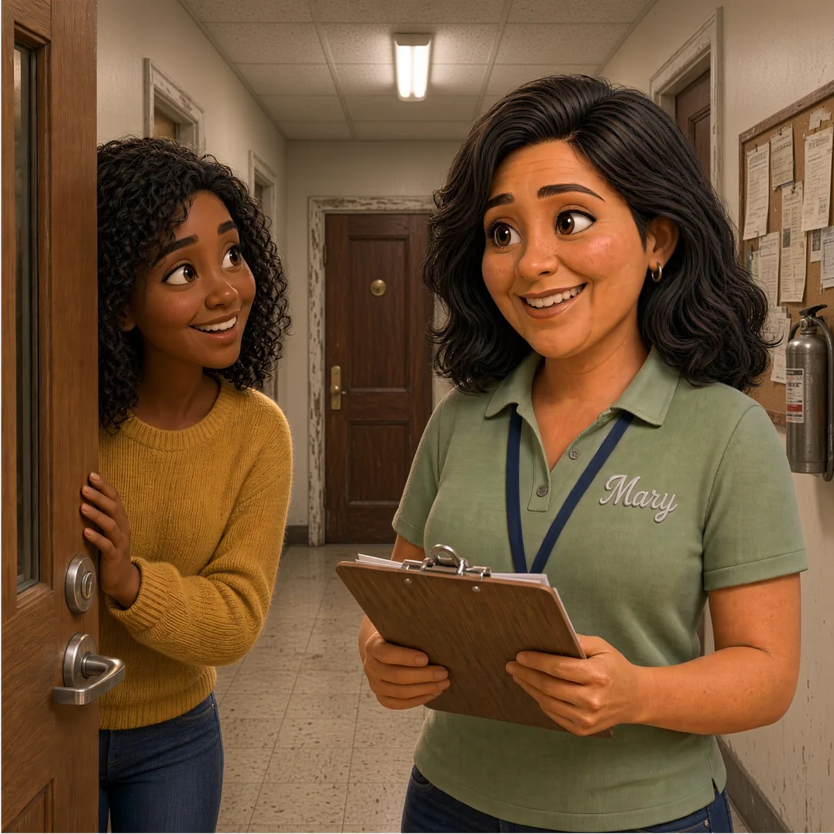 Mary talking with a neighbor at her apartment door