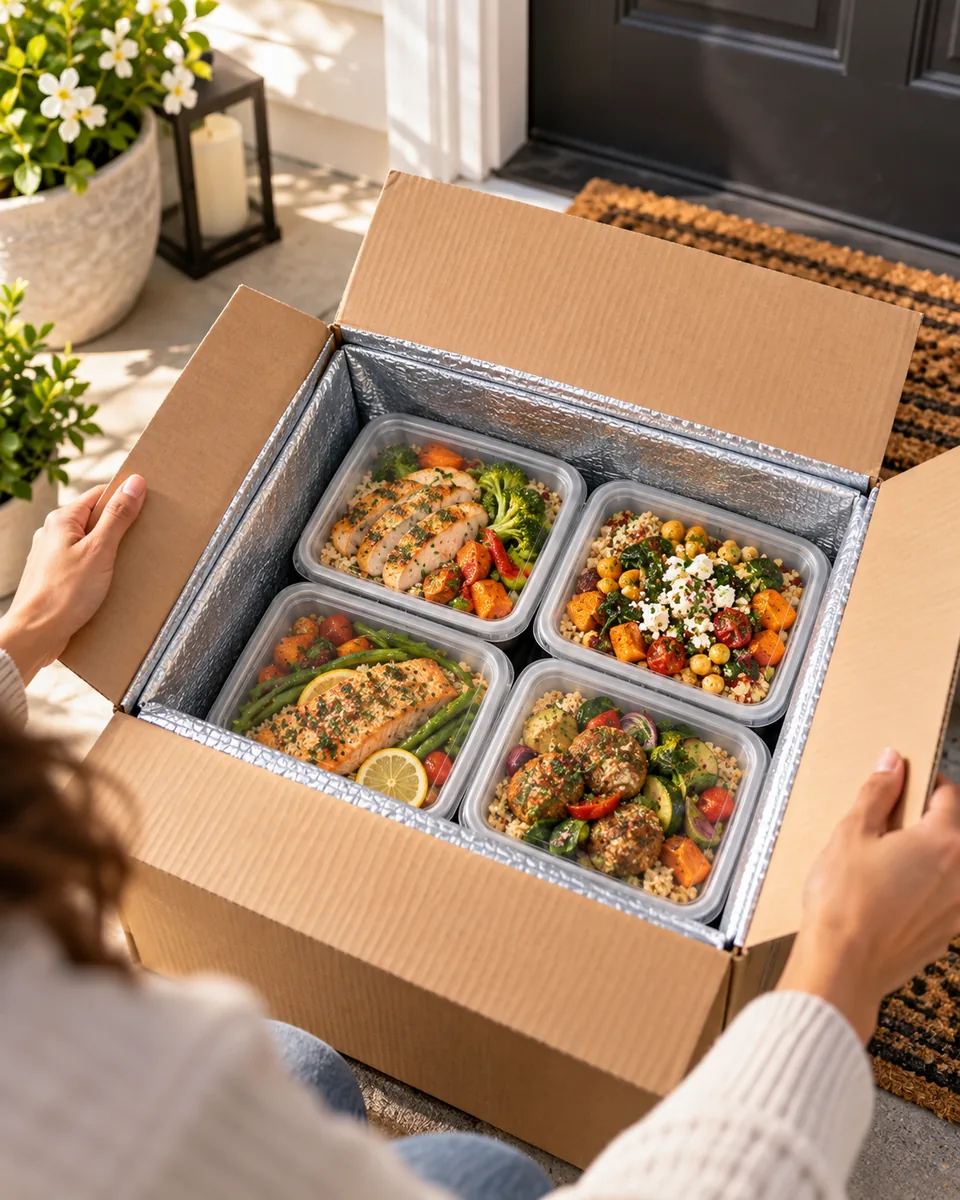 A person opening an insulated box of prepared meals at their front door