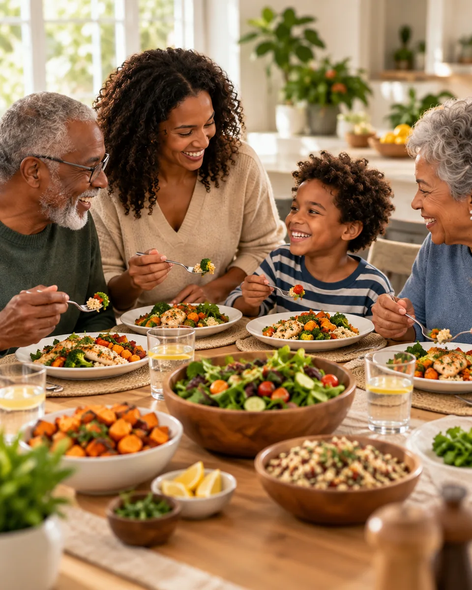 Three generations of a family eating a meal together at a kitchen table