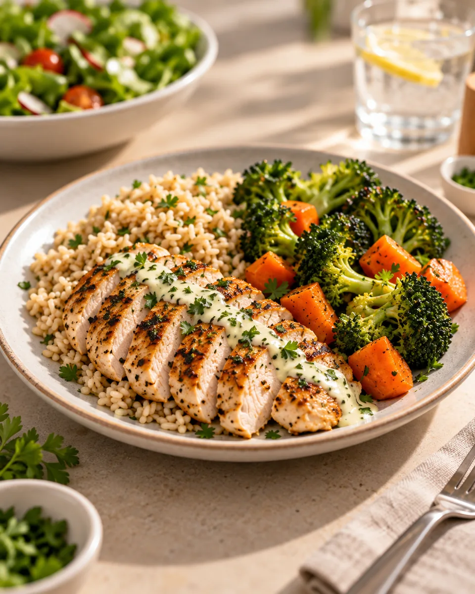 A plate of sliced herb-roasted chicken with brown rice, broccoli and sweet potato