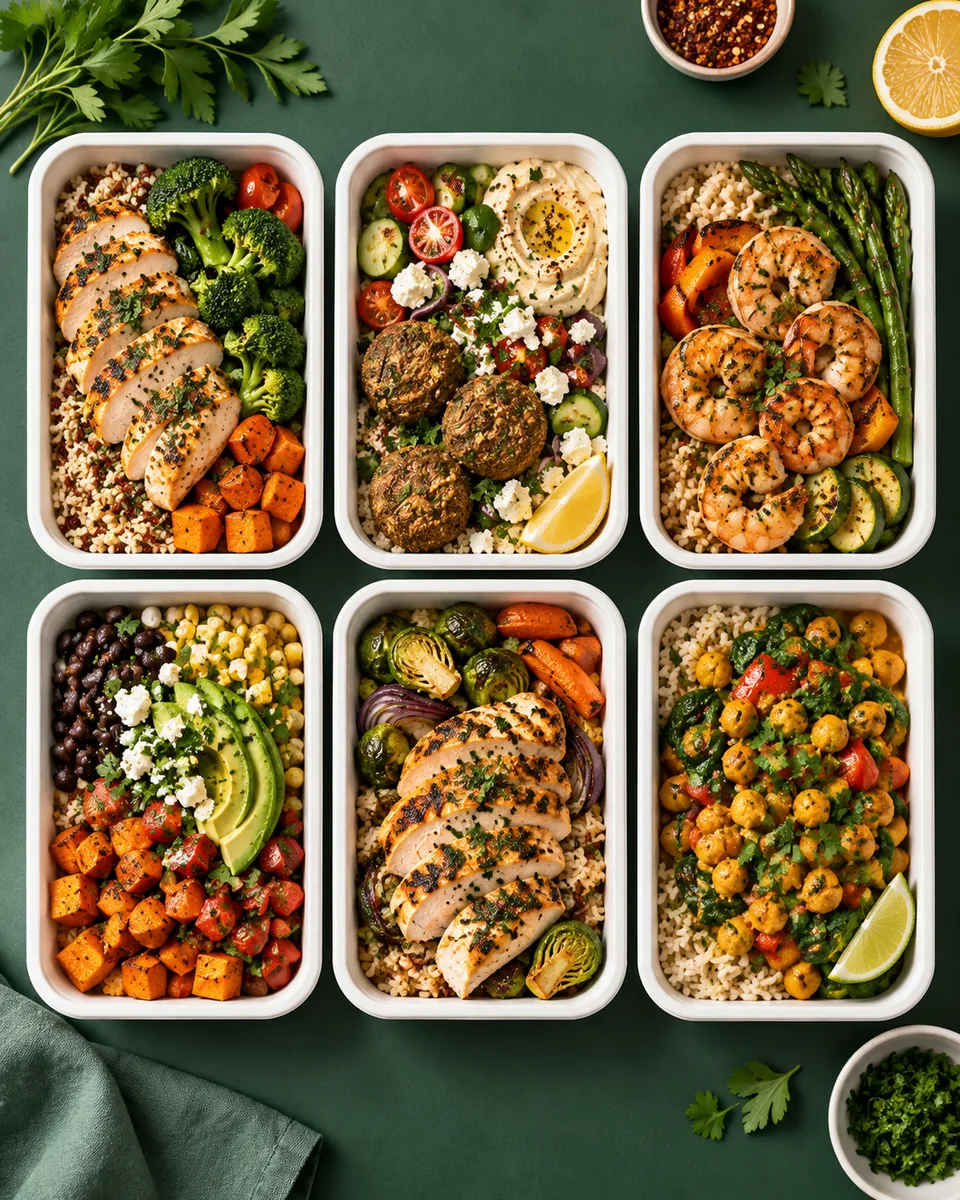Six prepared meal trays with chicken, shrimp, falafel, beans, vegetables and rice